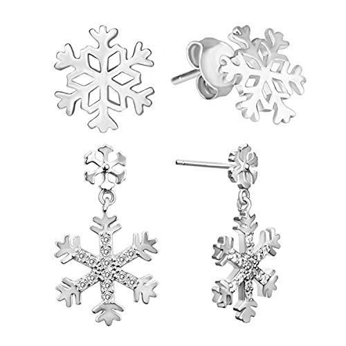 Set de aretes de plata esterlina - Copo de nieve hipoalergénico Cuelga los aretes colgantes Pendientes de flores de invierno de cristal Congelar el clip en los pendientes Piercing Joyería Regalo