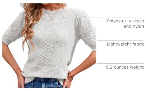 Image of Womens Puff Short Sleeve Sweater Summer Crew Neck Ribbed Knit Pullover Tops
