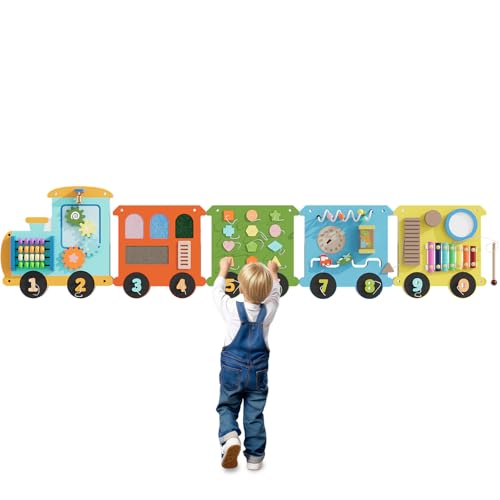 Image of Little Oak Play Cute Train Montessori Busy Board, Sensory Board, Activity Wall Busy Board Panels, Wall Furniture,Interactive Wooden Learning Toys for Boys and Girls, Perfect for Toddler Playroom