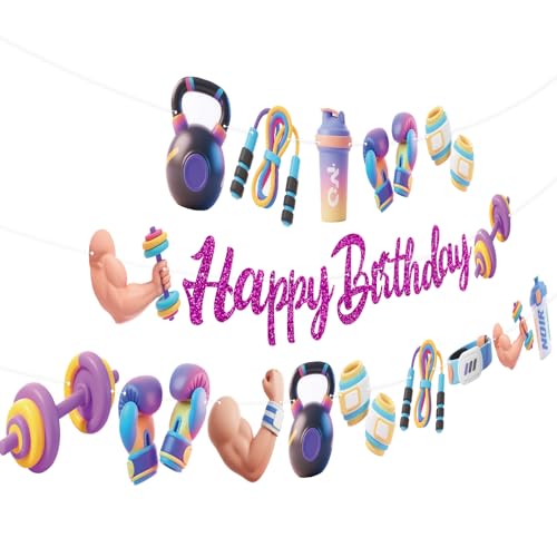 Gym Fitness Party Banners 3Pcs Happy Birthday Garland Banners for Boy Girls Theme Baby Shower Birthday Party Supplies