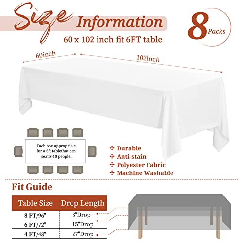 Showgeous 8 Pack White Tablecloth 60 X 102 Inch, Rectangle Table Cloth For 6 Foot Table, Wrinkle Resistant Washable Polyester Table Cover For Wedding Dining Table Buffet Parties And Camping #TOP1