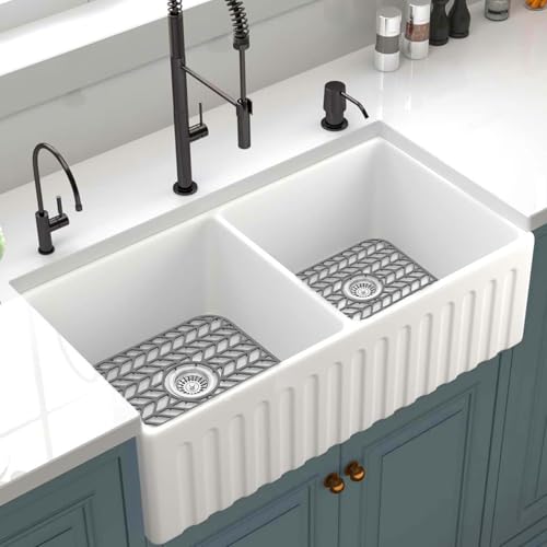 Image of GUUKIN Sink Protectors for Kitchen sink, 12.25 inchx 11.5 inch Folding Non-slip Silicone Sink Mat Grid for Bottom of Farmhouse Stainless Steel Porcelain with Central Hole Pack of 2