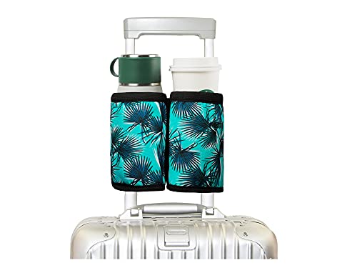 Image of riemot Luggage Travel Cup Holder Free Hand Drink Caddy - Hold Two Coffee Mugs - Fits Roll on Suitcase Handles - Gifts for Flight Attendants Travelers Accessories, Leaf, Luggage Cup Holder