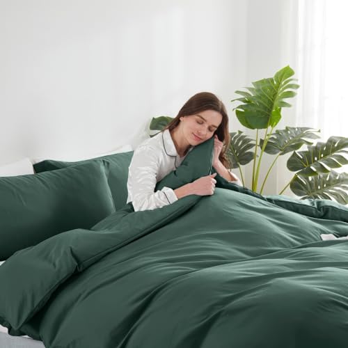 Image of Hearth & Harbor Forest Green Duvet Cover Queen Size, 3 Piece Bedding Set | Soft Double Brushed Bedding Set, Button Closure, 1 Duvet Cover 90x90 Inches, 2 Pillow Shams