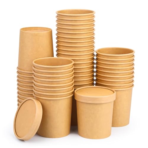 Image of 16 Oz 50 Pack Paper Soup Containers with Lids, Paper Soup Cups | Biodegradable Ice Cream Cups, Disposable Soup Containers with Lids for Microwave, Refrigerator, Desserts, Ice Cream