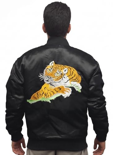 Image of My Party Shirt Rocky Balboa Tiger Black Jacket - Everyday Wear & Costume Embroidered Satin Bomber Coat Boxing Movie 70s Gift