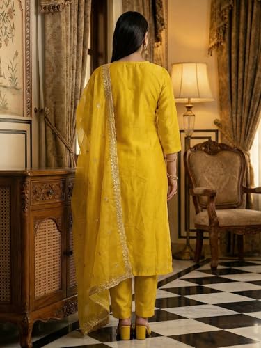 Image of INDO ERA Women's Cotton Solid Straight Kurta Palazzo With Dupatta Set