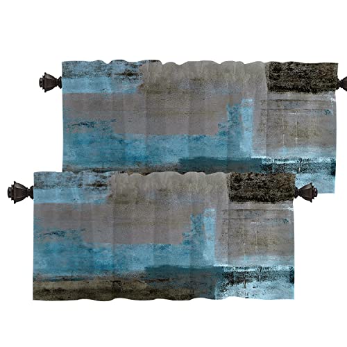Batmerry Teal Brown Abstract Art Kitchen Valances Half Window Curtain, Blue Painting Black And Gray Abstract Contemporary Gallery Kitchen Valances For Windows Valance For Decor Reducing The Light #TOP26