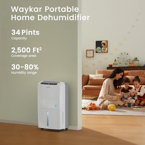 Waykar 2000 Sq. Ft Most Efficient Energy Star 2025 Dehumidifier for Home and Basement with Auto or Manual Drainage, Quiet 33dB Operation, 0.6 Gallon Water Tank Capacity