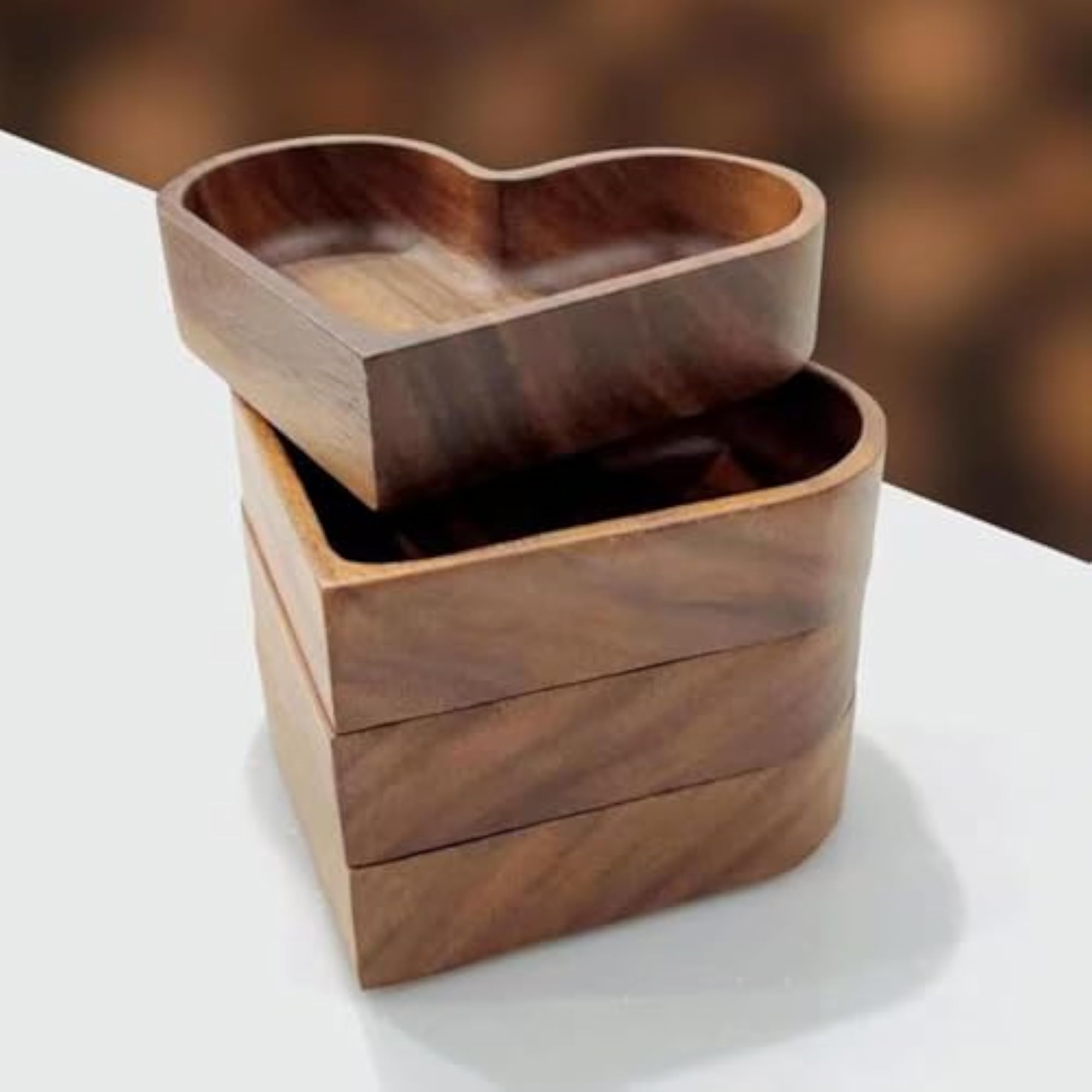 4Pcs Heart Shaped Serving Tray Wood Bowl Set