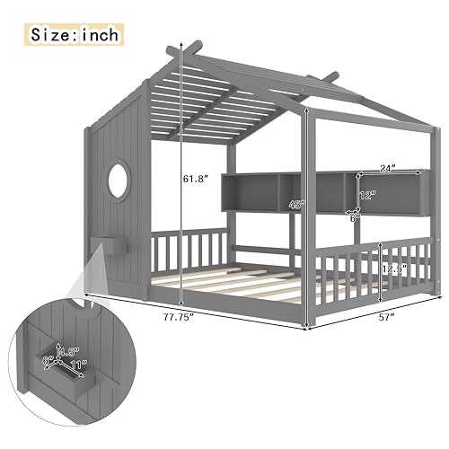 Image of Full Size Floor House Bed with Roof and Window for Kids, Wooden Playhouse Bed with Storage Shelves for Bedroom Furniture Girls & Boys (Gray /L1, Full)