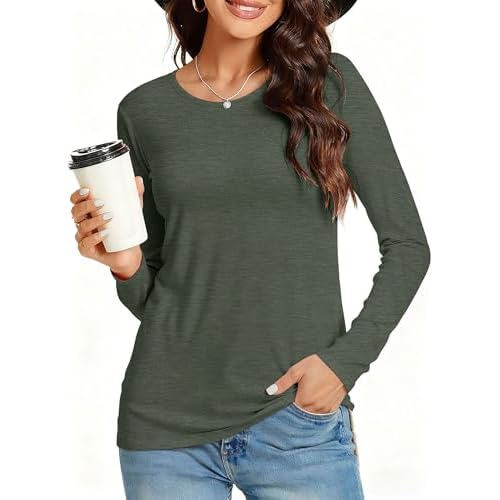 Long Sleeve Shirts for Women Basic Crew Neck Fall Tops Casual Fit T Shirts, Army Green Colour, S