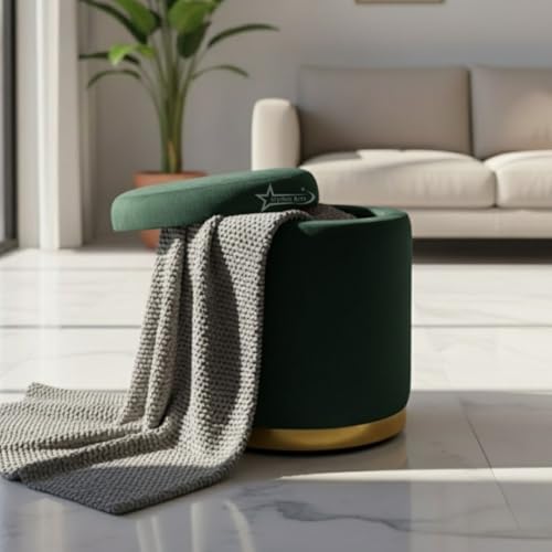 Image of Velvet Round Single Strip Ottoman Office Stool Foot Rest Stool Velvet Fabric Padded Seat Pouf Ottoman 16 X 16X 19 inch, in Round Shape for Living Room Dark Green