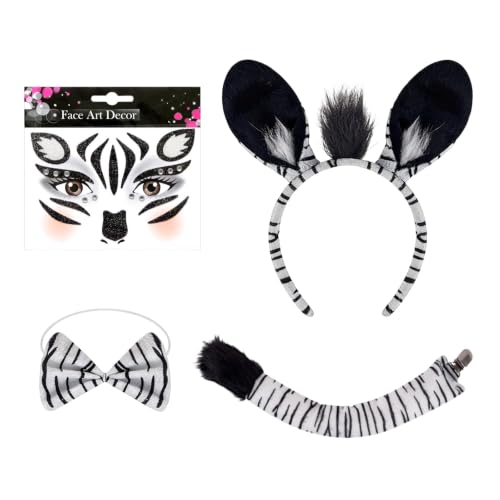 MLPKOI 4 Stück Zebra Kostüm Set Tierkostüm Zebra Ohren Haarreif Schwanz Fliege und Tattoo Gesicht Dschungel Kostüm Zzebra Accessoires für Cosplay Geburtstagsparty Zubehör Halloween
