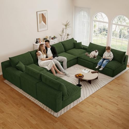 Image of 136 inch Cloud Couch Modular Sectional Sofa for Living Room, U-Shape Boneless Couch with Deep Seat, Modern Corduroy 8-Seater, No Assembly Required, Green