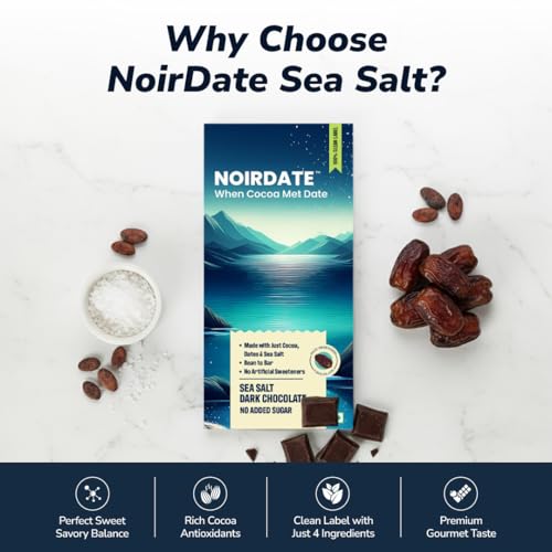 Image of NoirDate Sea Salt Dark Chocolate - 75g, Bean to Bar, Sweetened with Dates, No Refined Sugar, 100% Clean Label, Vegan, Gluten-Free, Antioxidant Rich, Healthy Indulgence (Pack of 2)