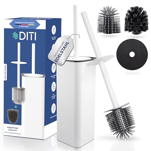 DITI Escobilla de inodoro de acero inoxidable, color blanco, cuadrado de silicona, con soporte y protección contra salpicaduras, antibacteriano y inoxidable, incluye cepillo de repuesto, perfecto para