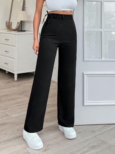 Women's Solid Color Straight Pants with Custom Fabric Drawstring on Belt4