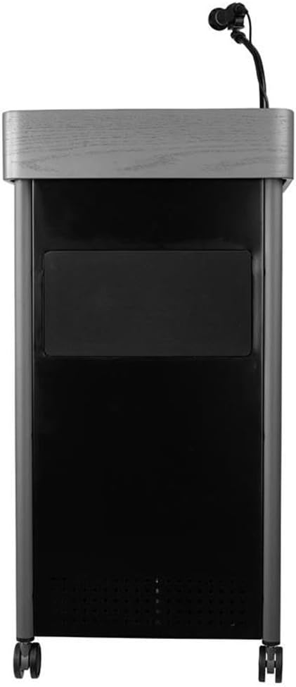 Pemberly Row Sound Lectern, Modern Metal Multimedia Podium with Storage Shelves, Keyboard Tray & Casters, Charcoal