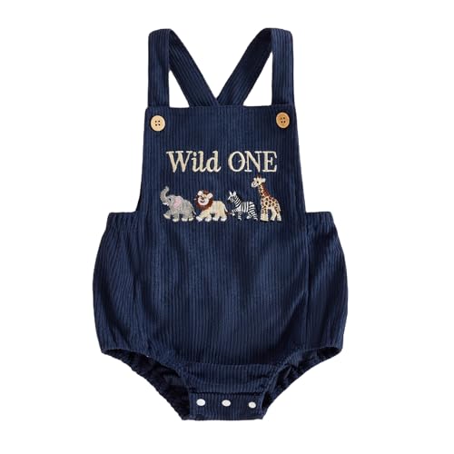Image of Cake Smash 1st Birthday Boy Outfit i am One Birthday Outfit Boys Dungarees 12-18 Months One Year Old Romper for 1 Year Old Boy Gifts Animal Embroidery Overall Bodysuit (Navy Blue, 12-18 Months)