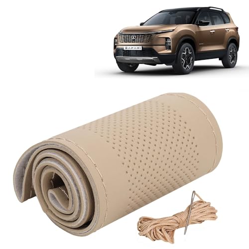 Image of KINGSWAY PU Leatherite Car Steering Cover Sewable Compatible with Tata Safari (Year 2023 Onwards), Beige Color with Beige Thread, Pack of 1 with Sewing Needle and Thread