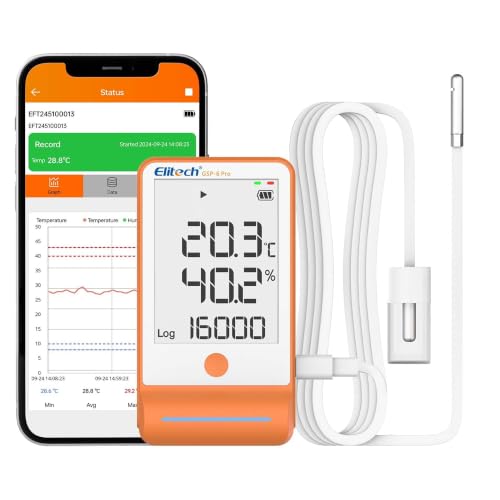 Elitech Enregistreur de Température Bluetooth 1 Sonde de Gel et 1 Sonde TH avec Shadow Data, Rapport PDF 100 000 Points, Certificat d'Étalonnage pour Réfrigérateur Frigo HACCP, GSP-6Pro GLE+THE