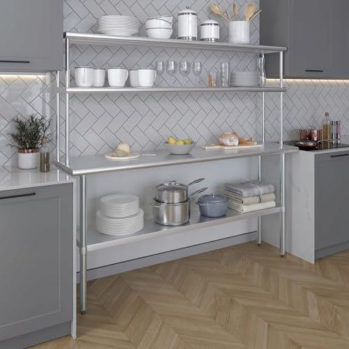 Image of AmGood Stainless Steel Work Table with 12 inch Wide Double Tier Overshelf | Metal Kitchen Prep Table & Shelving Combo | NSF (Stainless Steel Table with Double Overshelves, 72 inch Long x 18 inch Deep)