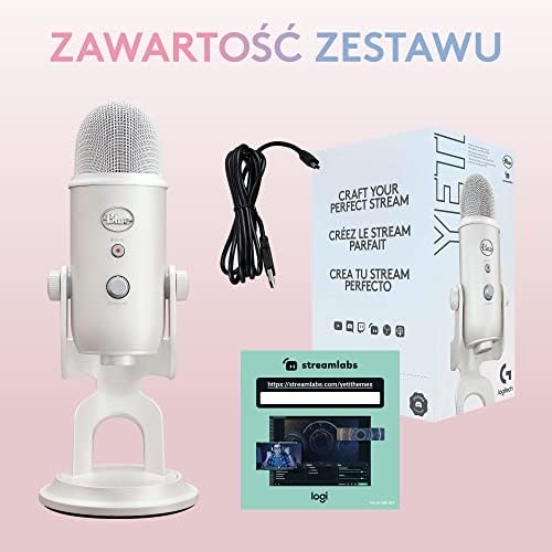 Logitech G Blue Yeti Premium Mikrofon USB do Streamingu Gier, Technologia Blue VO!CE, PC, Podcast, Studio, do Komputera, Motywy Streamlabs, Odpowiednie Wykończenie - Biały