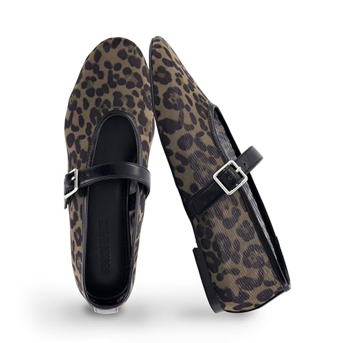 CUSHIONAIRE Moma Women's Leopard Print Mesh Mary Jane Flats – Buckle Strap, Memory Foam, Wide Widths Available