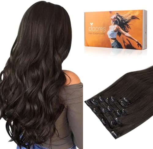 DOORES Human Hair Clip in Extensions, Dark Brown 24 Inch 120g, Na...