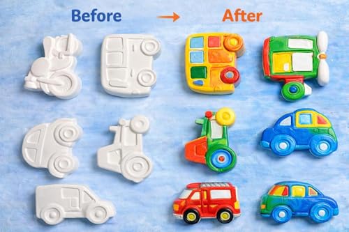 Image of EXPESIA Paint Your Own Ceramic Vehicles Kit for Kids, DIY Arts and Crafts Set with 6 Figurines, Paints and Brush, Ages +2 Year