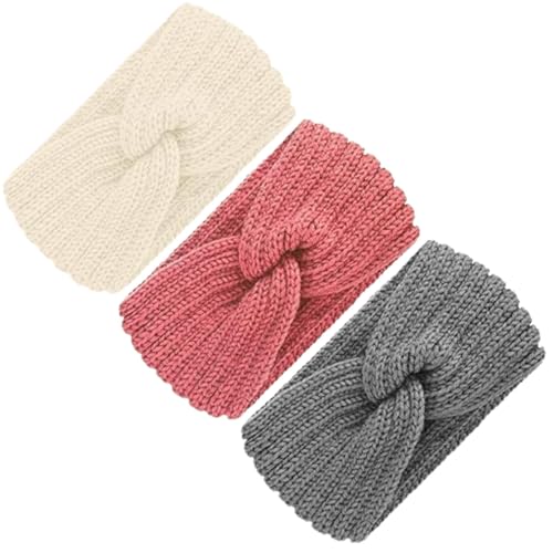 Stirnband Damen Winter Strick, 3 Pcs Stirnband Kinder Mädchen, Herbst Und Winter VielseitigHaarband Ohrenwärmer Elastische (Beige + Grau + Rosa)