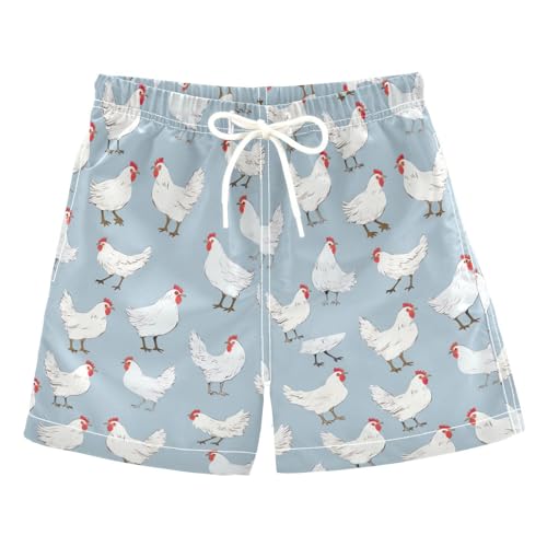 AMmao Boys Swim Trunks Cute White Chicken Pattern Kids Swimsuits Quick Dry Beach Board Shorts Drawstring Bathing Suits for Toddler Swimming Outdoor Travel Beach Surfing Summer 8