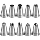 cobee 10 Pcs Piping Tips, Stainless Steel Frosting Piping Kit Seamless Icing PipingTip Cake Decorating Pipings Nozzle Cupcake Frosting Nozzle Tool for Baking Cupcake(1M/1A/2C/2D/2F/4B/6B/R6/580/108E)