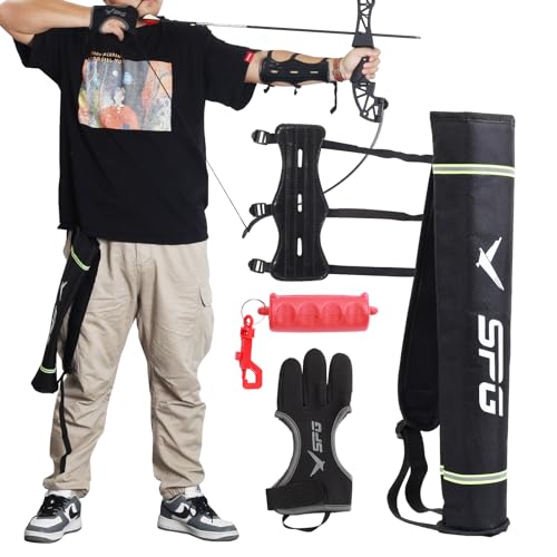 FENJANER 4Pcs Archery Accessories Set - Leather Archery Arm Guard | 3-Finger Archery Gloves | Back Arrow Quiver | Arrow Puller Target Remover - Complete Archery Protective Gear Bundle