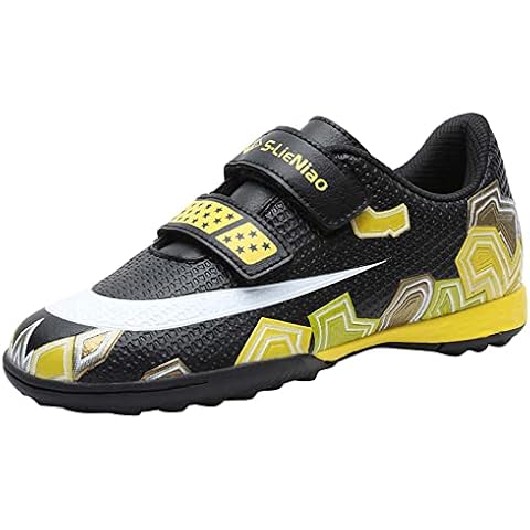 Kids Soccer Cleats Boys Girls Hook & Loop Football Shoes Anti-Slip Turf Trainers Outdoor Athletic Competition Training Sneaker Black Gold 34 Cover