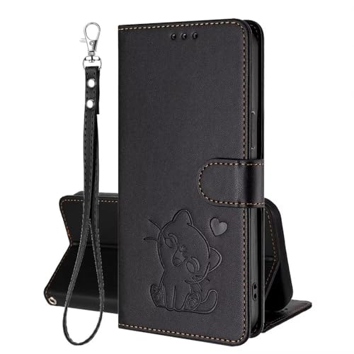 Viewtogo Handyhülle für Samsung Galaxy J4 Plus / J4+ Prägung Hülle Süß Katze Herz Muster Schutzhülle Magnetverschluss Ständer Kartenfach Klappbare Klapphülle PU Leder Flip Hülle, Schwarz