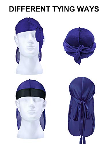 4 Pieces Kids Silky Durag With Wave Caps Set Unisex Baby Durags Long Tail And Wide Strap Headwraps Turban Beanies (Black, Navy Blue) #TOP3