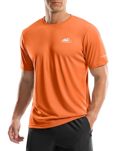 Mens UPF 50+ Sun Protection Dry Fit Workout T-Shirts Rash Guard Swim Shirts Moisture Wicking Tee for Athletic Beach Hiking (Orange L)