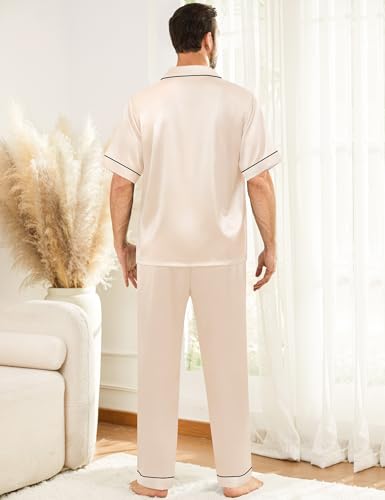 Image of SWOMOG Mens Silk Pajamas Set Satin Pj Set Short Sleeve Sleepwear Button Down Lounge Set with Drawstring & Pockets S-3XL
