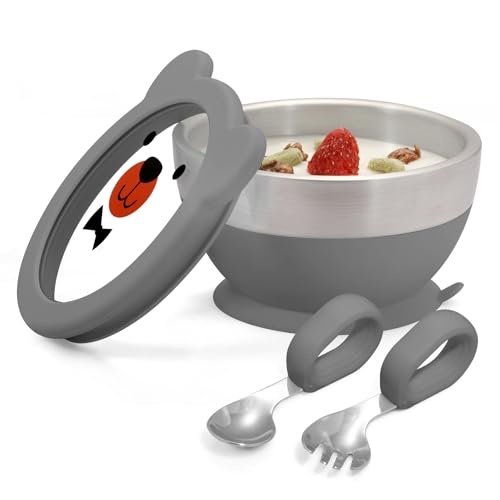 Image of MR. CHOU Baby Bowl Set with Spoon & Fork, Insulated Double-Layer 18/8 Stainless Steel Toddler Bowls with Silicone Suction Cup & BPA Free Airtight Lids, Food Grade Infant Self-Feeding Bowl, Gray