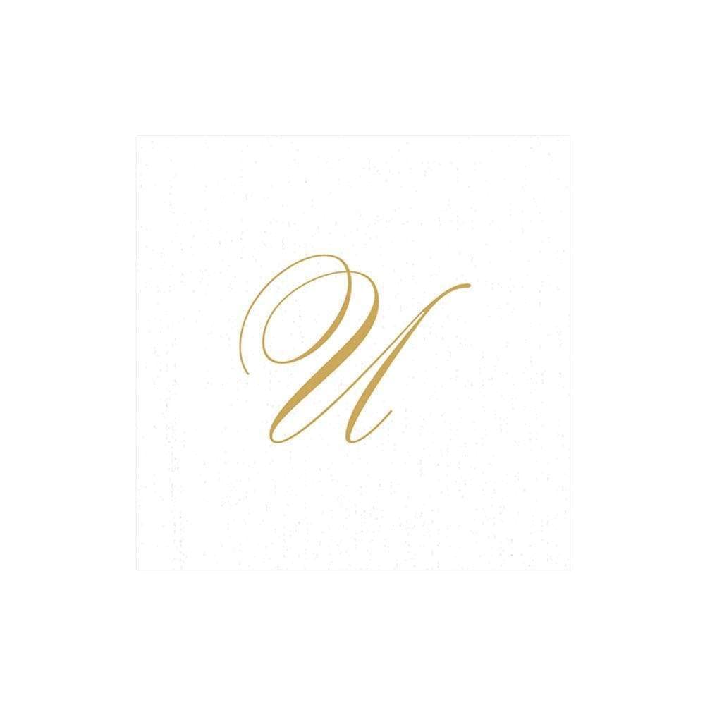 Caspari " Signature Gold Initial U" Paper Linen Cocktail Napkins, White Pearl, Pack of 30, 12.7 x 0.5 x 12.7 cm