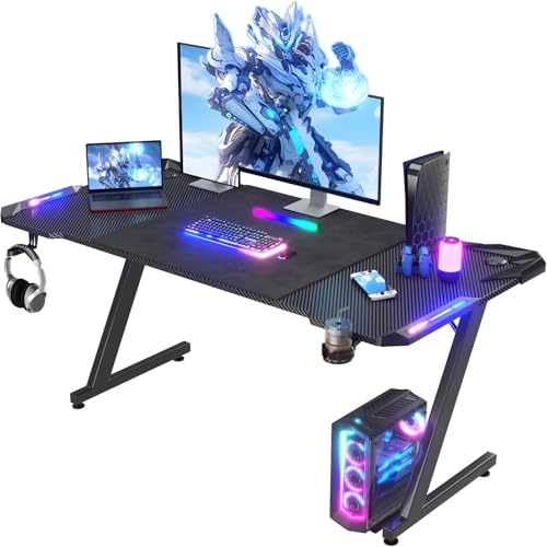 Homall Gaming Desk with LED Lights, 160 x 60cm RGB Gaming Table Z Shape, Large Computer Desk with Headphone Hook and Cup Holder, Gamer Table for Home Office, Black