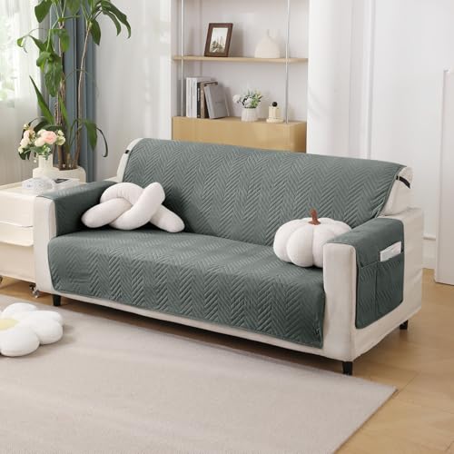 Image of HOKIPO Polyester Quilted 3 Seater Sofa Cover Mat with Pockets, Dark Grey (In-803-Dgry)