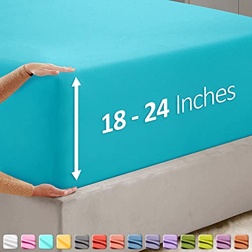 Image of Hearth & Harbor Extra Deep Pocket King Fitted Sheet - Fits 18 to 24 Inch Mattress - Ultra Soft 1800 Microfiber, Wrinkle-Free & Breathable - Hotel Luxury Fitted Sheet Only, Beach Blue