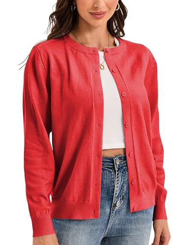 Image of Womens Cardigan Sweaters Basic Button Down Casual Dressy Classic Crewneck Long Sleeve Spring Outfits (S-2XL)
