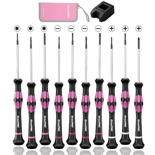 GRENPRO 10-Piece Precision Screwdriver Set Magnetic Small Screwdrivers with Phillips Slotted Torx Star for Eyeglass Watch Computer Laptop Phone Pink