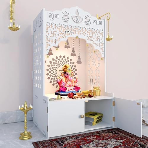 Modern DIY pooja mandir with focus light, ideal housewarming gift.