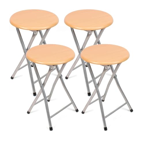 THE SECRET HOME - Pack de 4 Taburetes Plegables de Madera y Metal - Alto. 45 x Ø30 cm - Banqueta sin Respaldo - Ideal para Cocina, Terraza o Jardín - Color Madera Natural