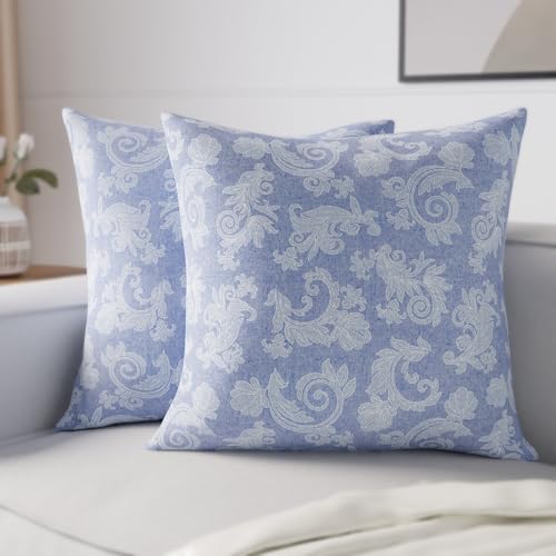 Image of Encasa XO Chambray Cotton Floral Cushion Covers | Red (Set of 2) I 16 inchx16 inch (40x40 cm) I Covers Only, No Insert I Decorative Floral Square Pillowcase I Machine Washable